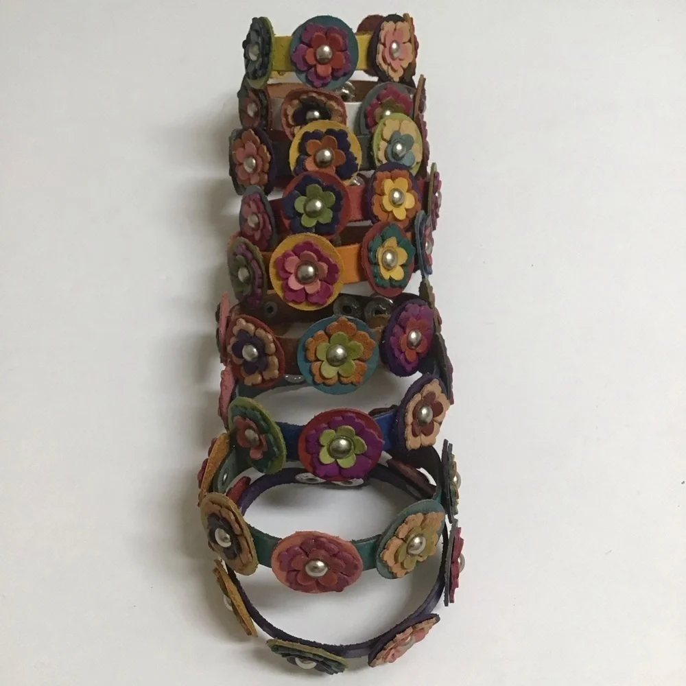 Daisy Flower Leather Bracelet Handmade Mexico Boho Colorful 2-Snap Festival NEW